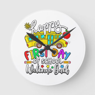 Welcome Back To School Happy First Day Teacher Bus Round Clock