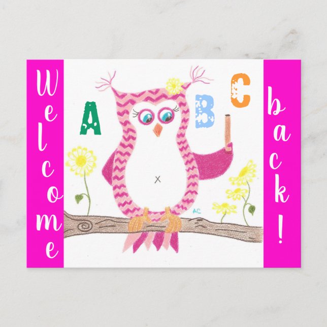 Welcome back to school pink chevron owl postcard (Front)