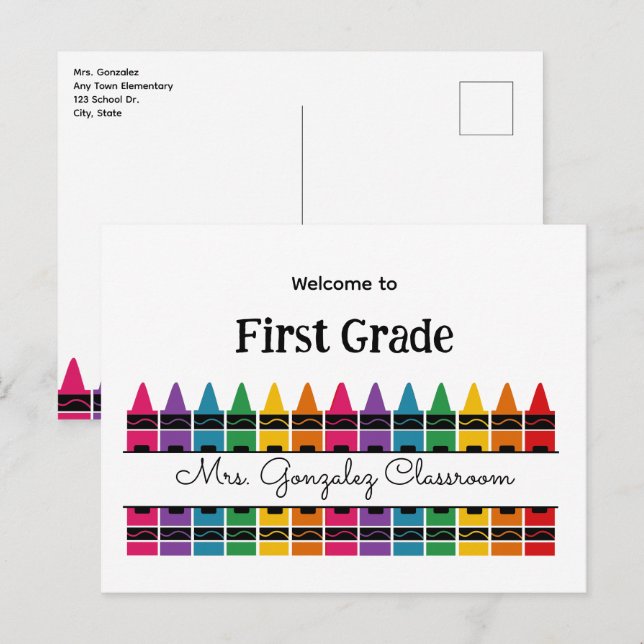 Welcome Back to School Rainbow Crayon  Holiday Postcard (Front/Back)