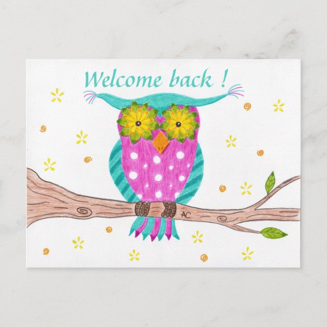 Welcome back-to-school teacher owl postcard (Front)
