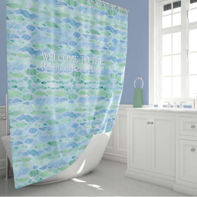 Welcome Beach House Modern Ocean Wave Pattern Shower Curtain (Creator Uploaded)