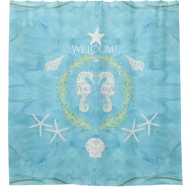 Welcome Beach House Seahorse Starfish Watercolor Shower Curtain (Front)