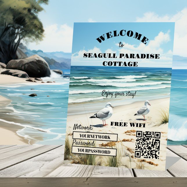 Welcome Beach House WiFi QR Code Business Pedestal Sign (Beach house rental tabletop sign template featuring a painting of two seagulls on a beach with dunes)