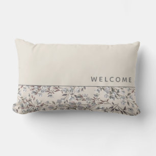 Welcome   Beige Linen & Gray Floral Lumbar Cushion