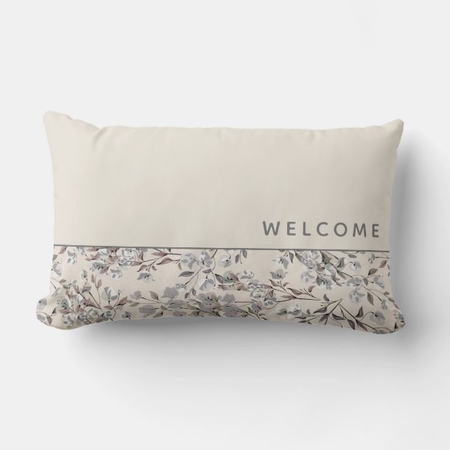 Welcome | Beige Linen & Grey Floral Lumbar Cushion (Front)