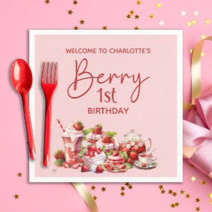Welcome Berry 1st Birthday Pink Red Strawberry Napkin