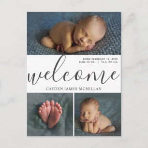 Welcome Birth Announcement Three Photo Postcard