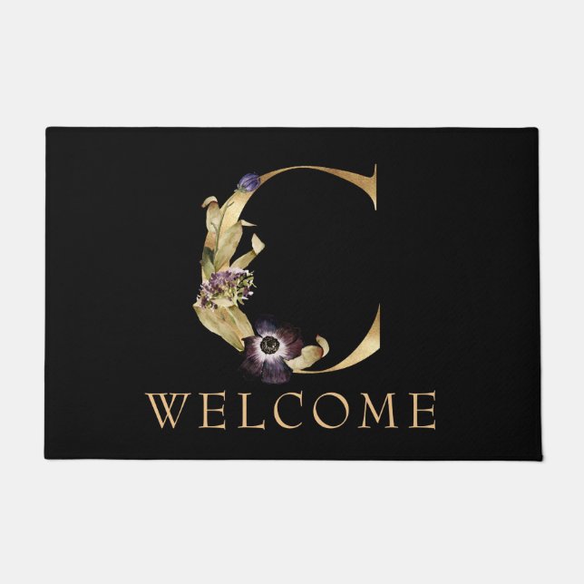 WELCOME Black and Gold Fall Monogram C Doormat (Front)
