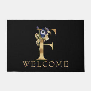 WELCOME Black and Gold Fall Monogram F Doormat