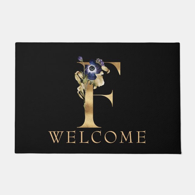 WELCOME Black and Gold Fall Monogram F Doormat (Front)