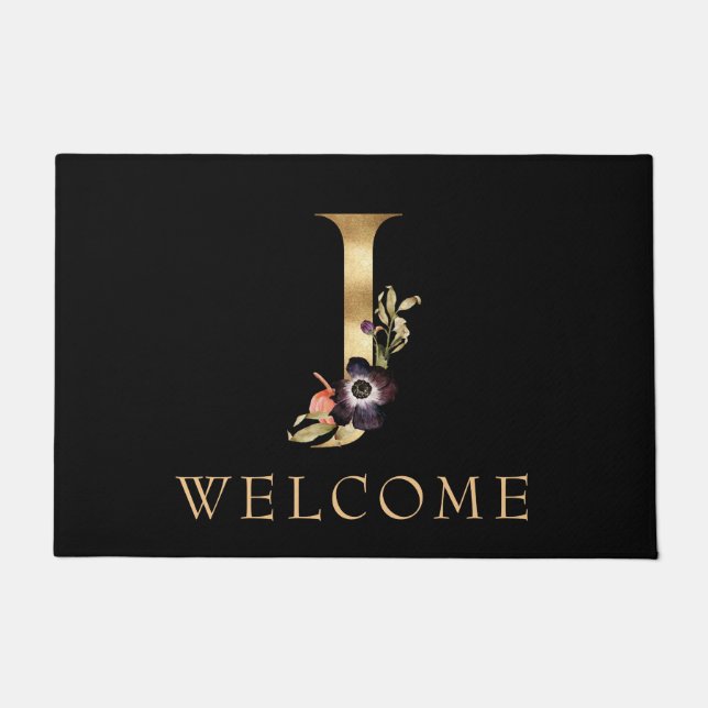 WELCOME Black and Gold Fall Monogram J Doormat (Front)