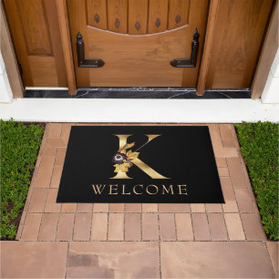 WELCOME Black and Gold Fall Monogram L Doormat