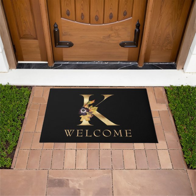 WELCOME Black and Gold Fall Monogram L Doormat (Outdoor)