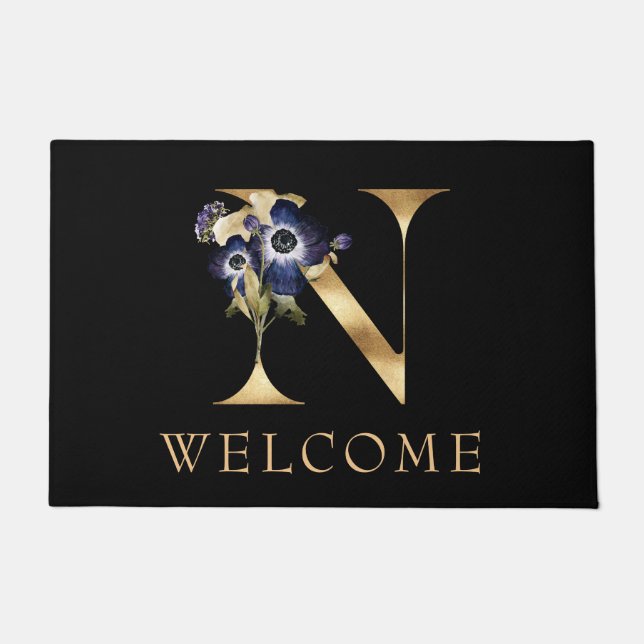 WELCOME Black and Gold Fall Monogram N Doormat (Front)