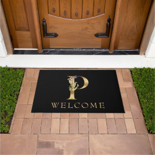 WELCOME Black and Gold Fall Monogram P Doormat