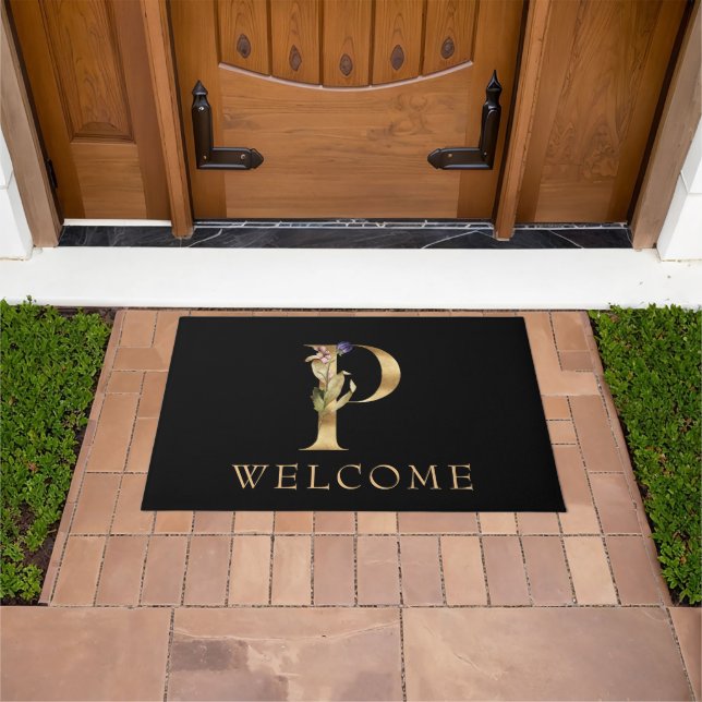 WELCOME Black and Gold Fall Monogram P Doormat (Outdoor)