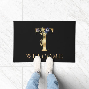 WELCOME Black and Gold Fall Monogram T Doormat