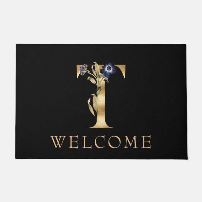 WELCOME Black and Gold Fall Monogram T Doormat (Front)