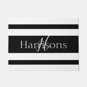 Welcome Black and White Stripes Monogram Family Doormat
