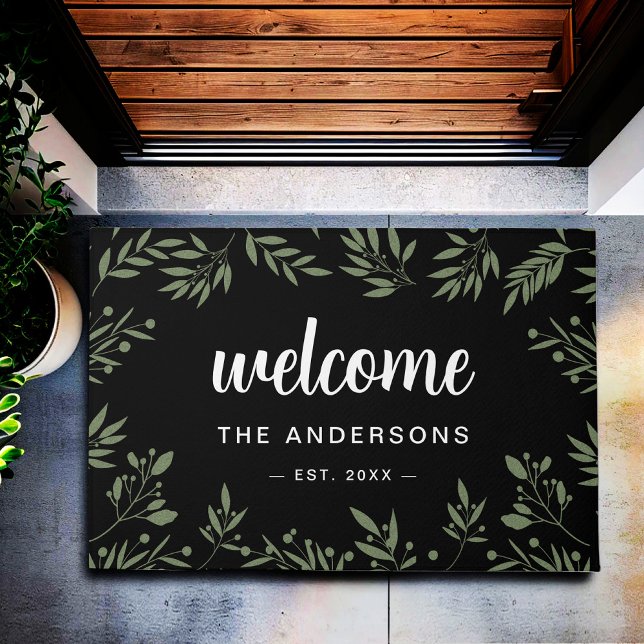 Welcome Black Elegant Green Foliage Personalised  Doormat (Creator Uploaded)