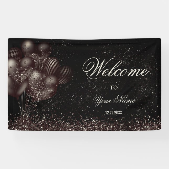 Welcome Black Glitter Balloons Sparkle Party Banner (Horizontal)