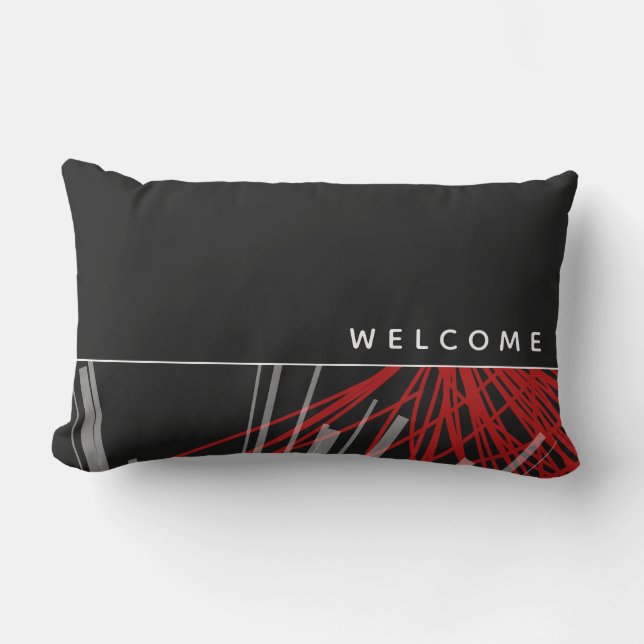Welcome | Black Red & White Abstract Ribbons Lumbar Cushion (Front)