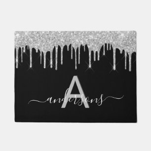 Welcome black silver glitter drips family monogram doormat