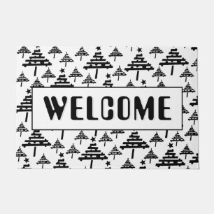 Welcome Black White Christmas Tree Pattern  Doormat