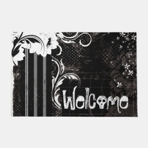 Welcome Black White Flower Skull Doormat