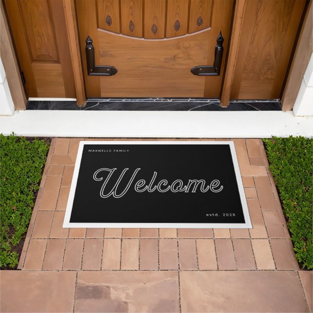 Welcome Black White Script Family Name Year Doormat (Outdoor)
