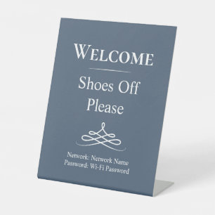 Welcome Blue and White Shoes Off Please Pedestal Sign