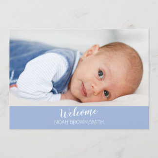 Welcome blue baby boy photo birth announcement