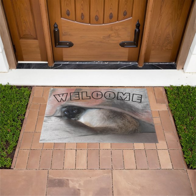 WELCOME Blue Eyed Siamese Kitten Under Blanket Doormat (Outdoor)