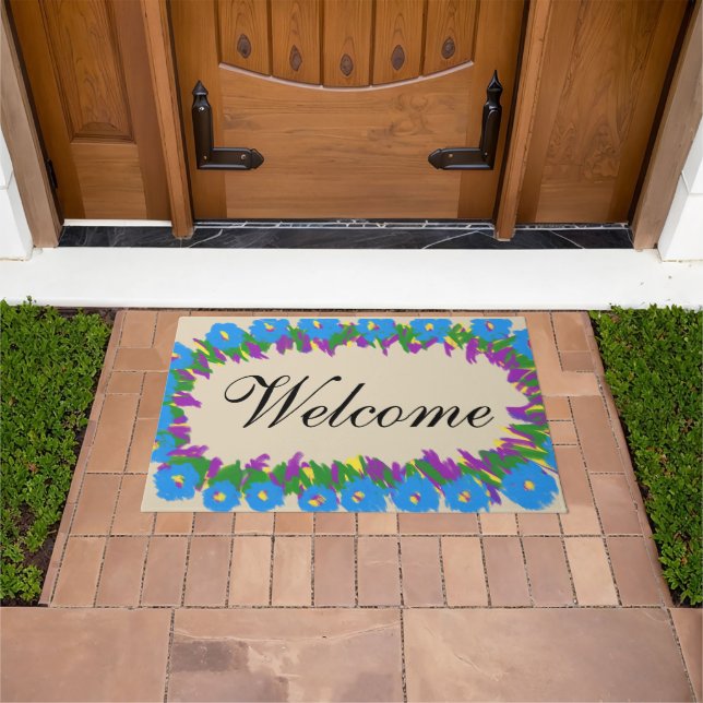 Welcome Blue Floral Doormats (Outdoor)