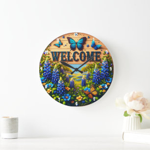 Welcome Blue Lupin Field Butterflies Large Clock