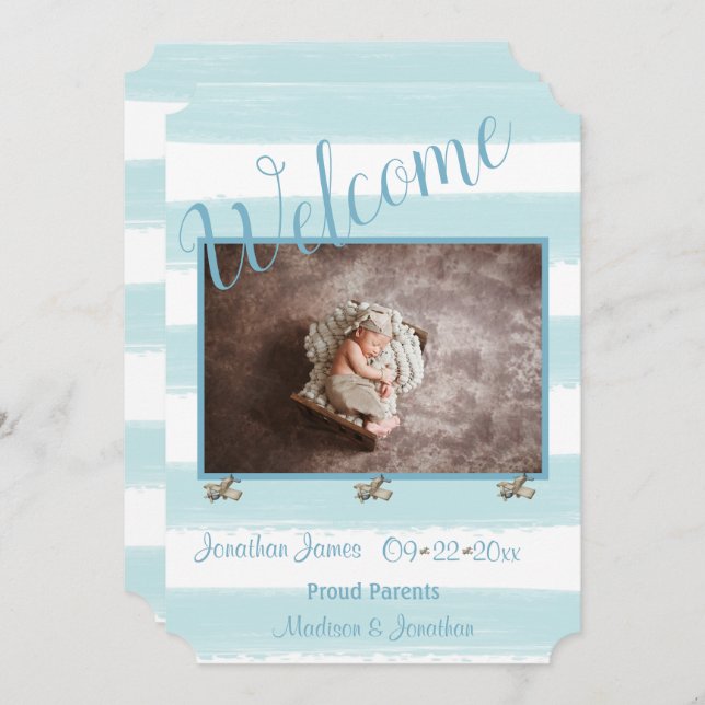 Welcome Blue Photo Script Personalise Boy Birth Announcement (Front/Back)