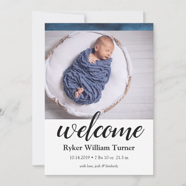 Welcome Blue Watercolor Birth Announcement (Front)