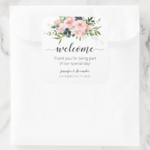 Welcome Blush Pink and Blue Flowers Square Sticker
