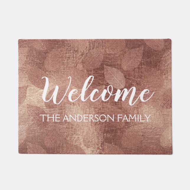Welcome Blush Pink - Rose Gold Autumn Leaves Doormat (Front)