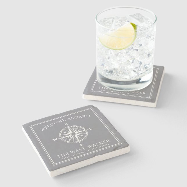 Welcome Boat Message | Nautical Compass Grey Stone Coaster (Side)