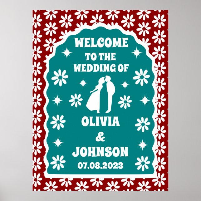 Welcome Bold Dark Red Retro Boho Daisy Poster (Front)