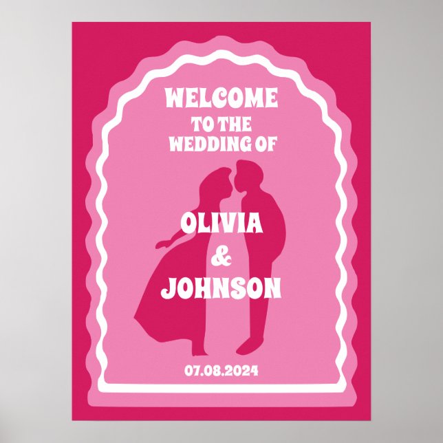Welcome Bold Pink Magenta Retro Wavy Arch Wedding Poster (Front)