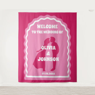 Welcome Bold Pink Magenta Retro Wedding Backdrop Tapestry