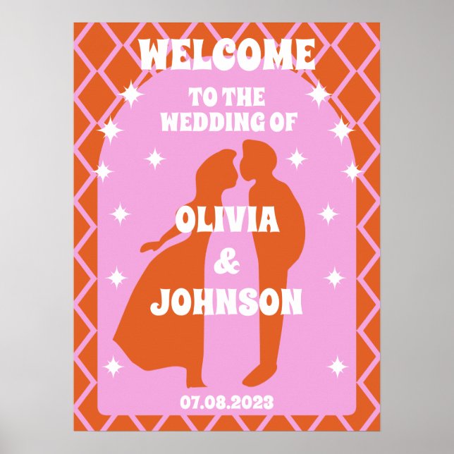 Welcome Bold Pink Orange Retro Boho Arch Wedding Poster (Front)