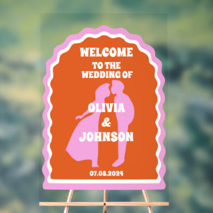Welcome Bold Pink Orange Retro Wavy Arch Wedding Acrylic Sign