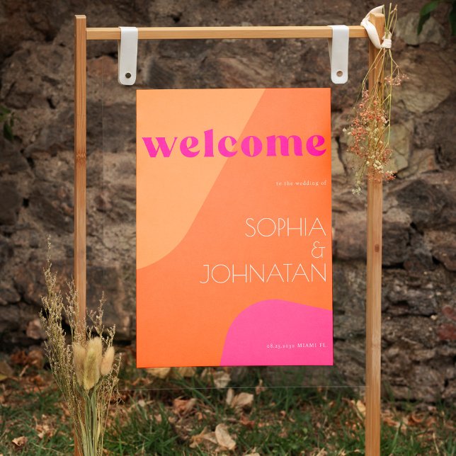 Welcome bold pink orange retro wedding sign  (Creator Uploaded)