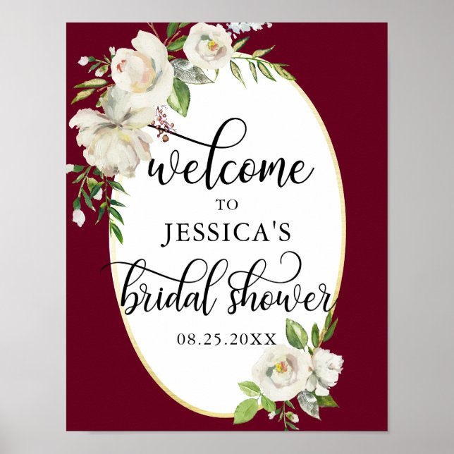 Welcome Bridal Shower Floral Burgundy WELCOME SIGN (Front)