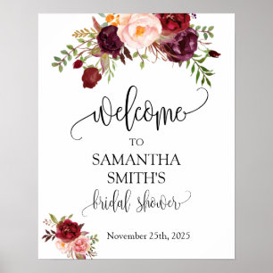 Welcome bridal shower marsala floral wedding sign