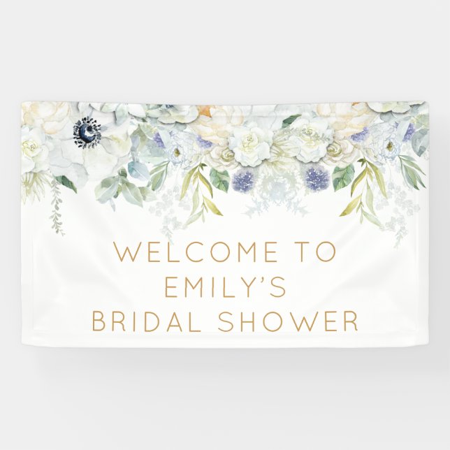 Welcome Bridal Shower Name White Florals Leaf Banner (Horizontal)