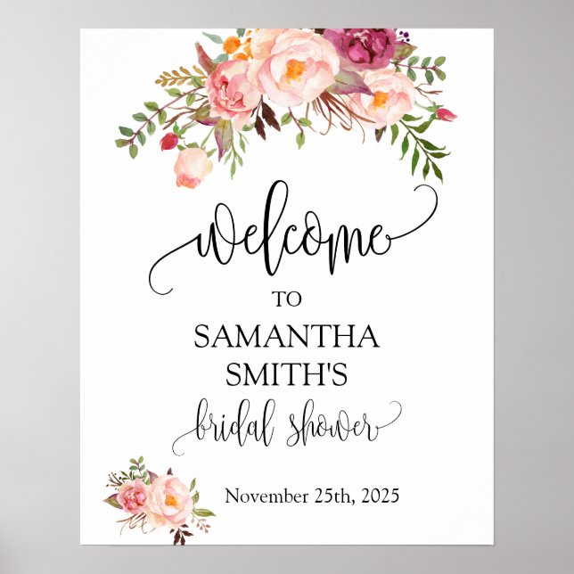 Welcome Bridal Shower Pink Floral Wedding sign (Front)